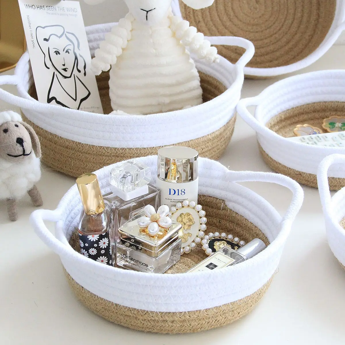 Cotton Rope Bathroom Organizer Makeup Brush Holder Perfume Organizer Woven Nail Polish Storage Basket