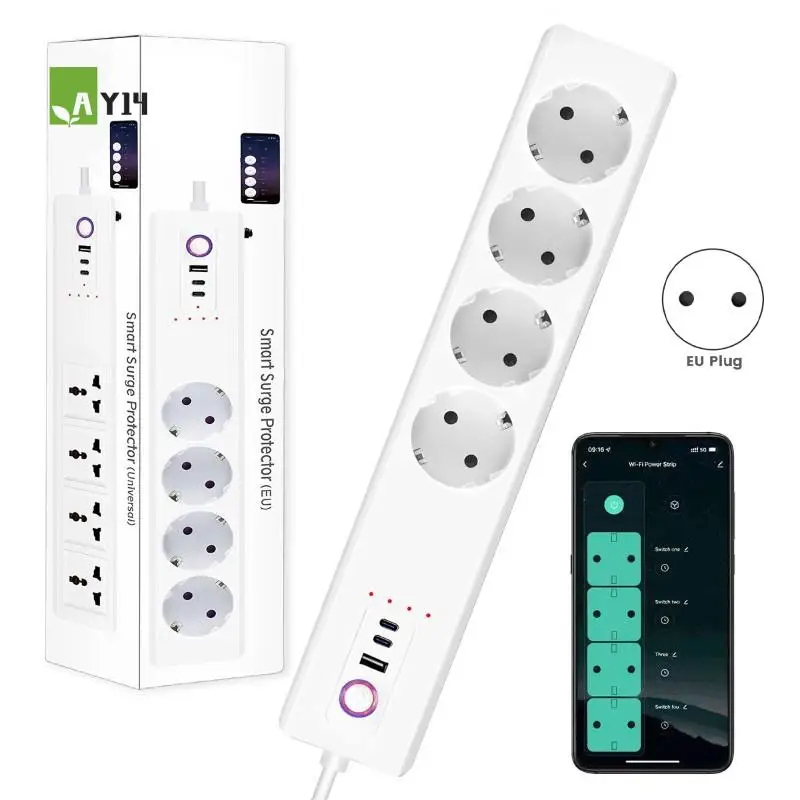 AY14 -European Power Strip 20W Fast Charge With Voice Control, Timer, Wifi - Tuya App Enabled EU Plug