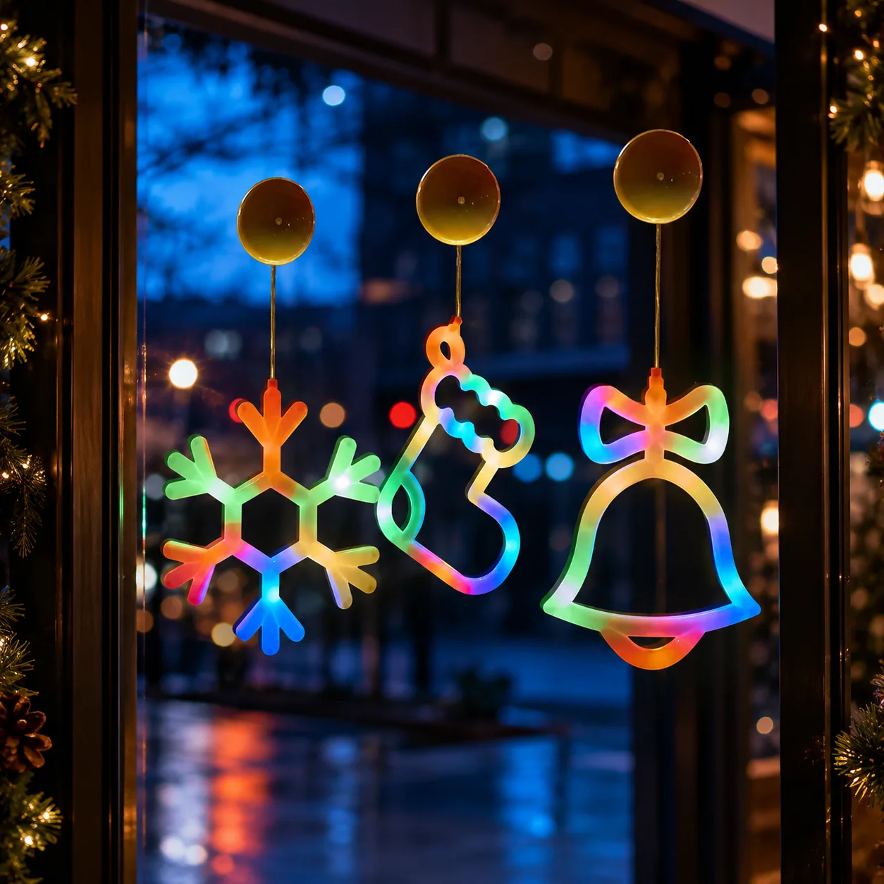 Colorful LED Snowflake Bell Window Lights Battery Operated Suction Cup Christmas Hanging Lamp for Home Party Holiday Decoration