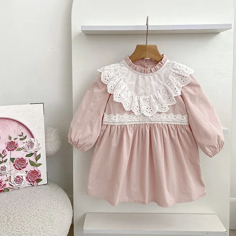 Autumn Korean Style Girls' Ruffle Neck Long Sleeve Princess Dress Infant Romper Sister Outfit Cotton Breathable Toddler Clothes