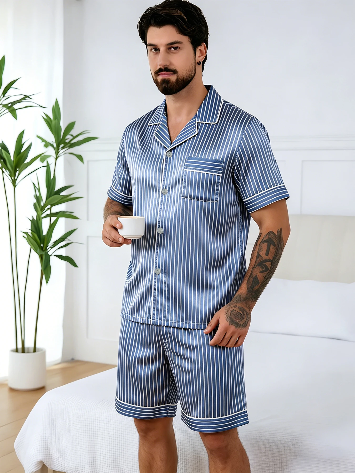 Men's Pj Satin Stripe Print Design Short Sleeve Pajama Set Soft Comfortable Sleepwear for Summer Lightweight Homewear Lougewear
