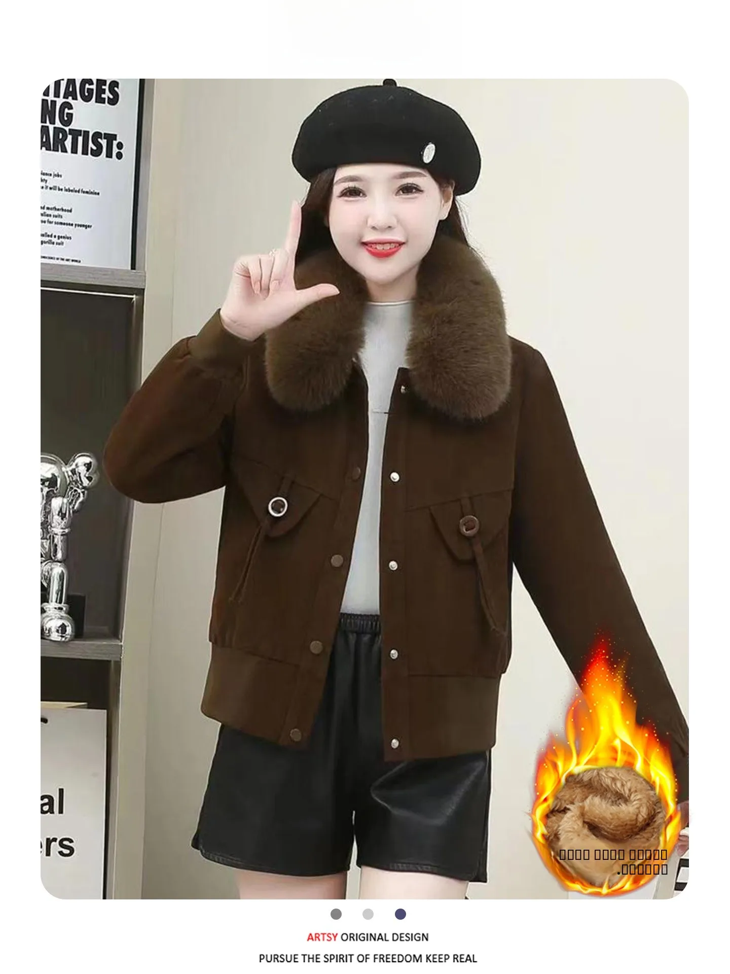 

Unique Design Slimming ort Fce-Lined Loose Women's Jaet Versatile Winter Outerwear Korean Sle Commute Faion