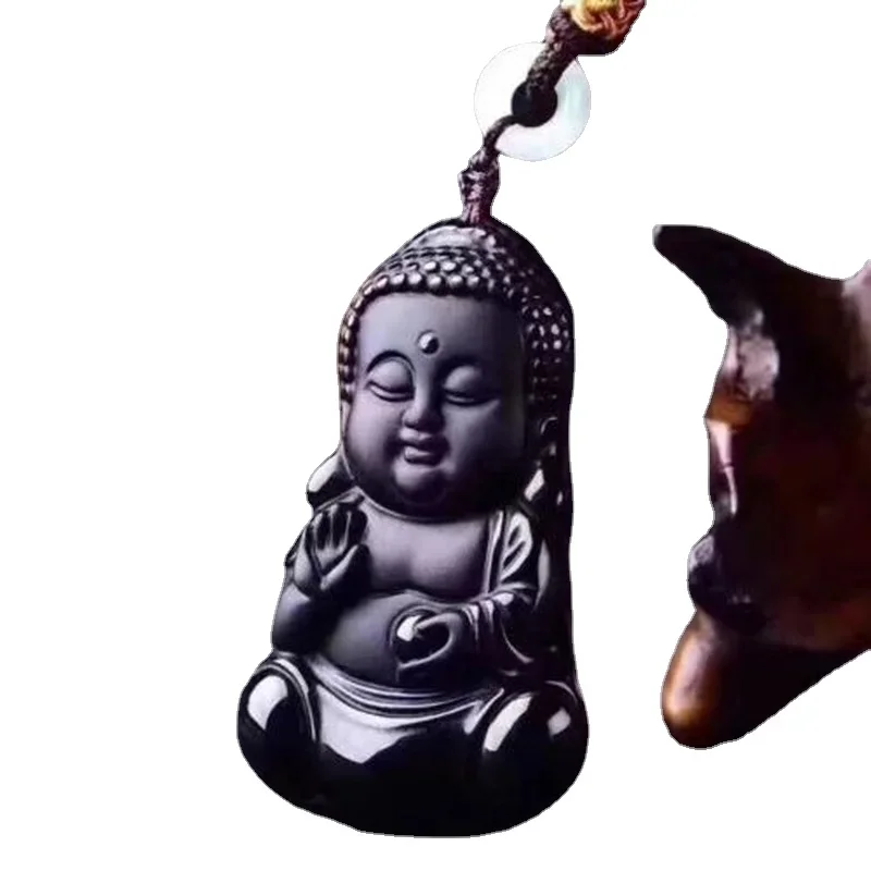 

100% natural Black Obsidian Hand-carved Baby Buddha Lucky Pendant Necklace Sweater Chain Jewelry Gift Wholesale