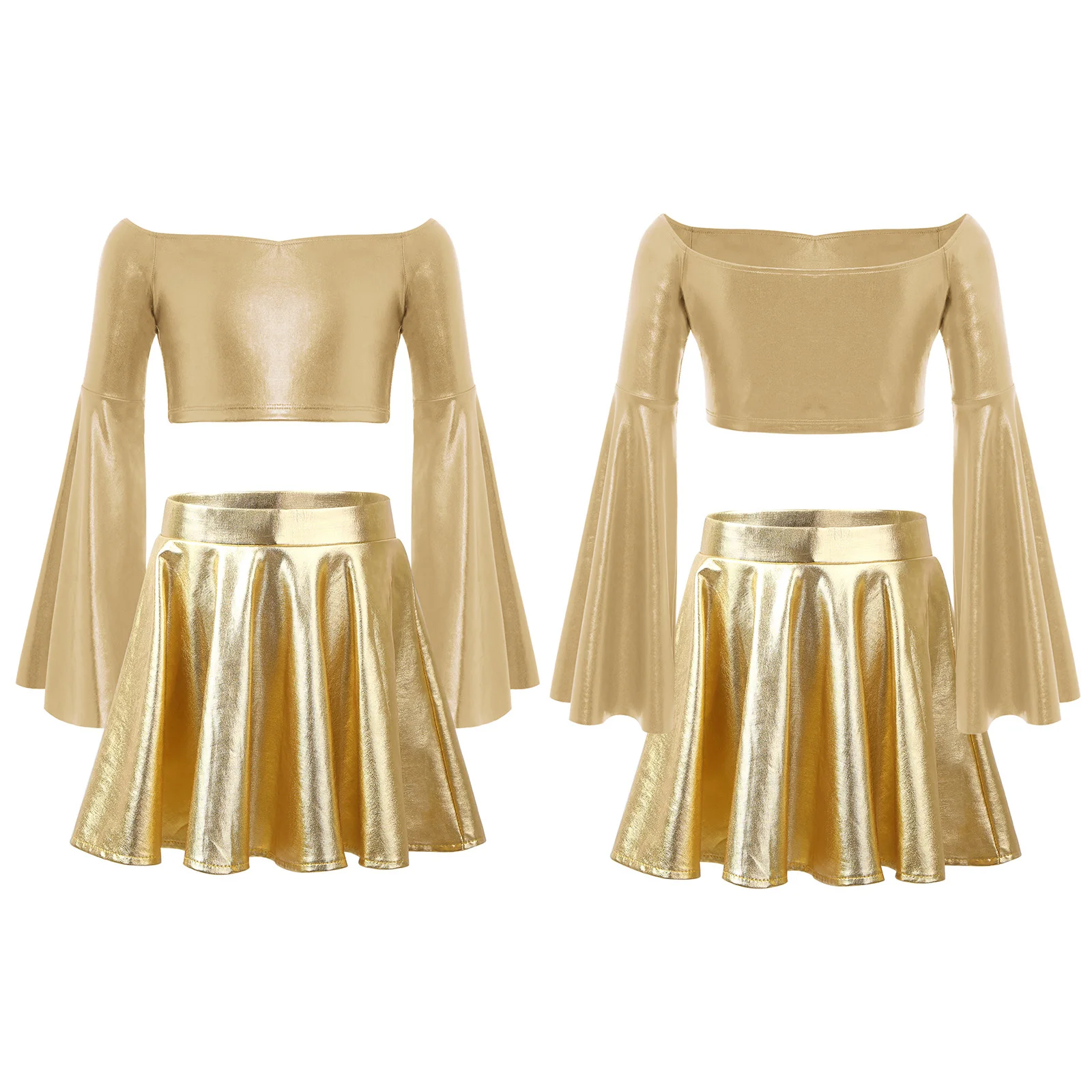 키즈 걸스 메탈릭 러플 재즈 세트 긴 플레어 슬리브 오프 숄더 크롭 탑과 생일 파티 공연을 위한 반짝이는 스커트