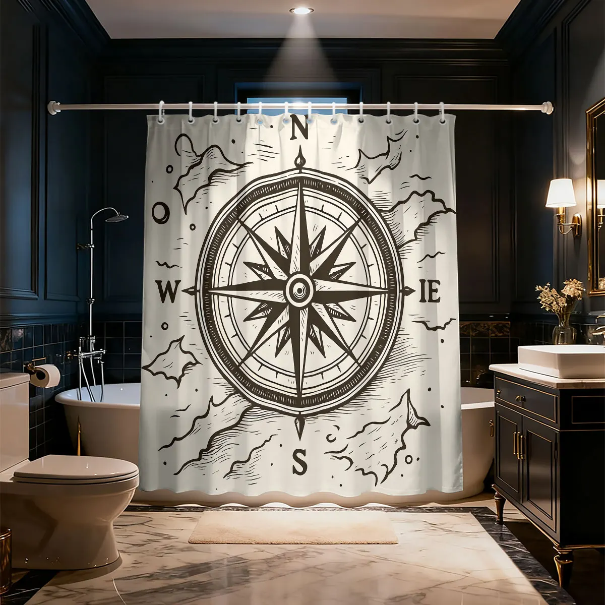 1 piece retro nautical compass pattern waterproof shower curtain with 12 hooks machine-washed (rod not included)