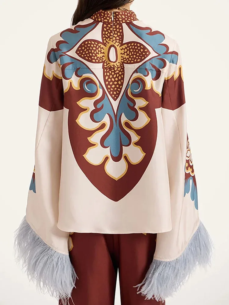 

Fashion Hight Collar Top with Pant Outfits Women Sexy Feather Splicing Bat Sleeve Loose Set Rtero Pattern Print Holiday 2Pc Suit