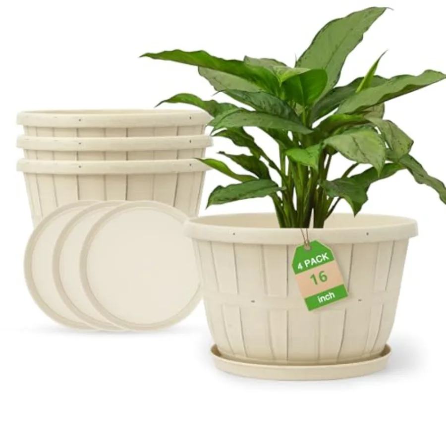 

Indoor/outdoor large plastic flower pots set of 4, 16 inch whiskey barrel planters with drainage holes trays, white, lightweigh
