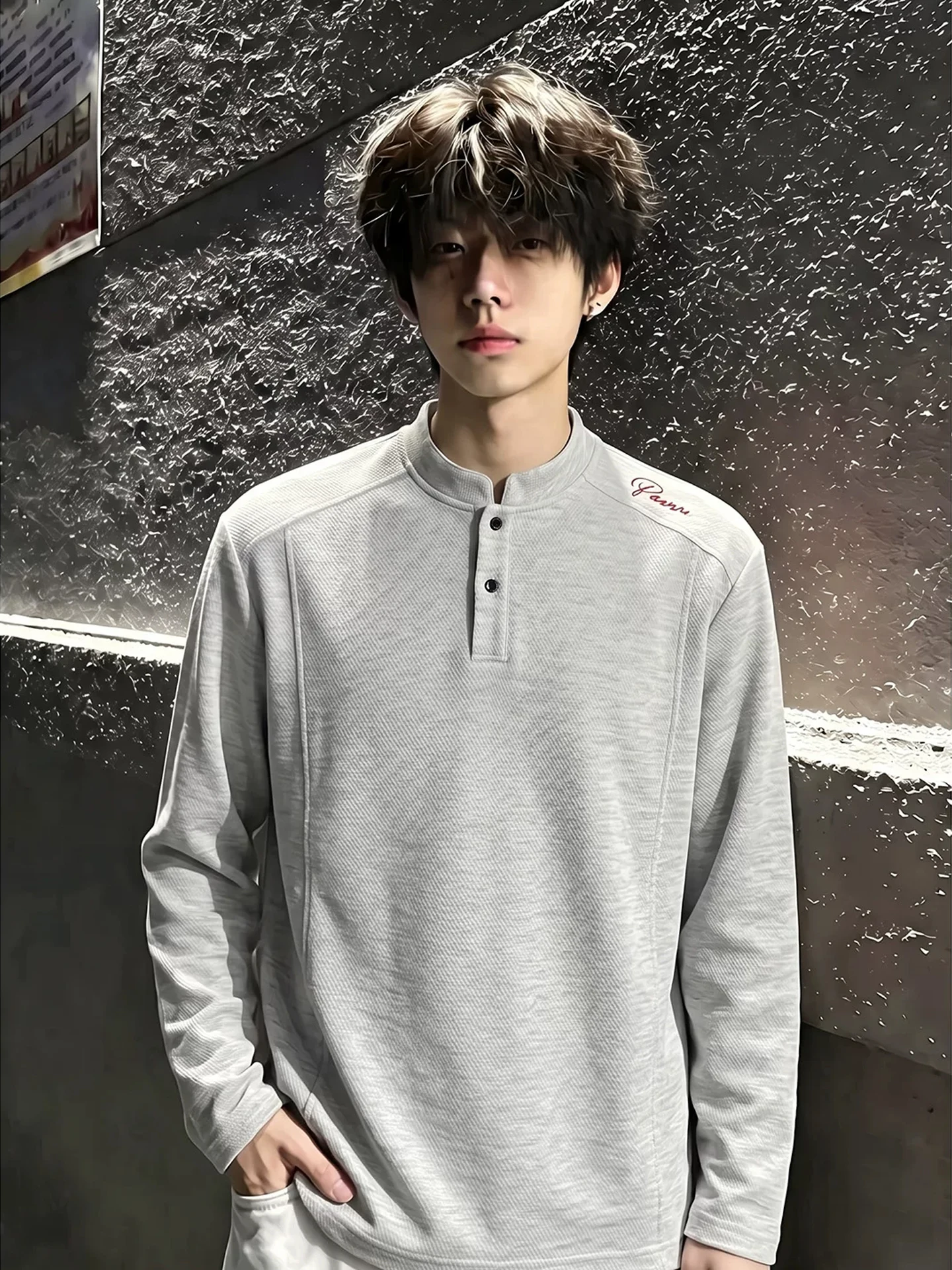 Black Deconstructed Plaid Long Sleeve Henry Collar Embroidered T-Shirt Men's Autumn Casual Fashion Straight Fit Loose Style