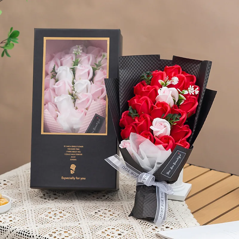 Artificial Soap Flower Rose Bouquet Gift Bag Valentine Mother Day Birthday Gift Wedding Home Decor 23 Rose Soap Bouquet Gift Box
