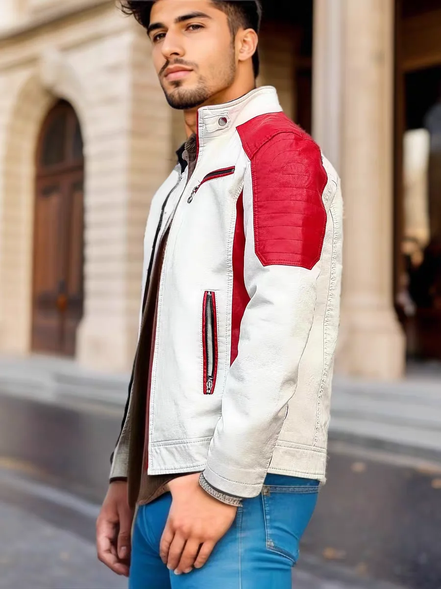 Picture 6: Men Leather Jacket Motorcycle Biker Jacket Stand Collar Retro Warm Stitching Casual Riding