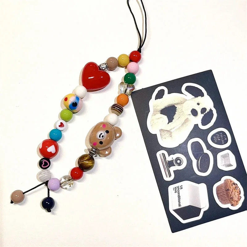 INS  Cartoon Bear Phone Chain Lanyard Charm Strap Rainbow Heart Beaded Cute Camera Strap Sweet Girl Kawaii Keycord Gift