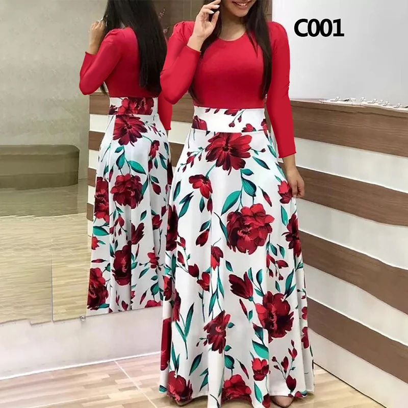 

Plus Size Women's Autumn Print Stitching Flower Long Banquet Dress 2023 Red Bodycon Dress Elegant Sexy Woman Super Long Dresses