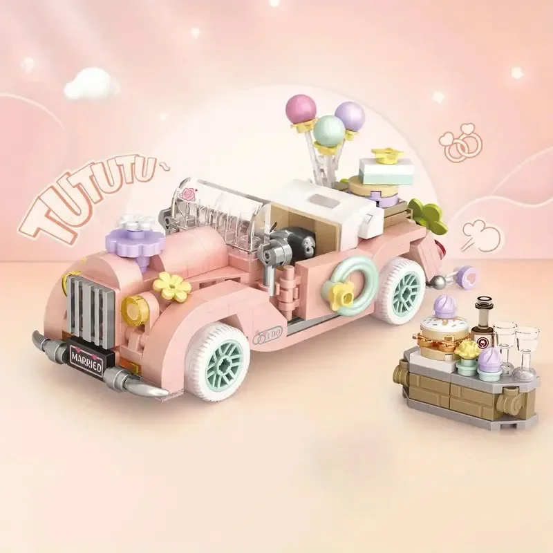 Cartoon Car Building Block Set DIY Cute Romantic Wedding Car Model Assembled Ornaments Toy Gifts for Children and Adults