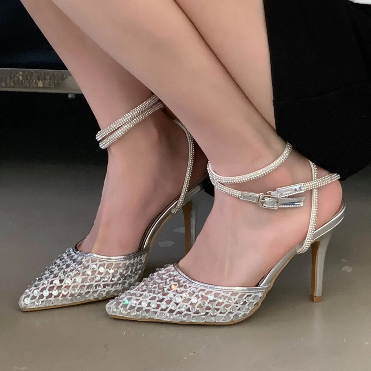 

Aneikeh Sexy Mesh Pointed Toe Women Pumps Elegant Crystal Cross Straps Thin High Heels Slingback Party Prom Female Shoes