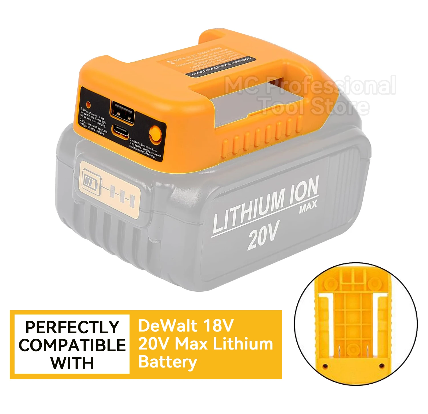 USB Charger Adapter for Dewalt 18V 20V Lithitum Battery Portable Type-C Port Fast Charging Battery Storage Rack Holder Case