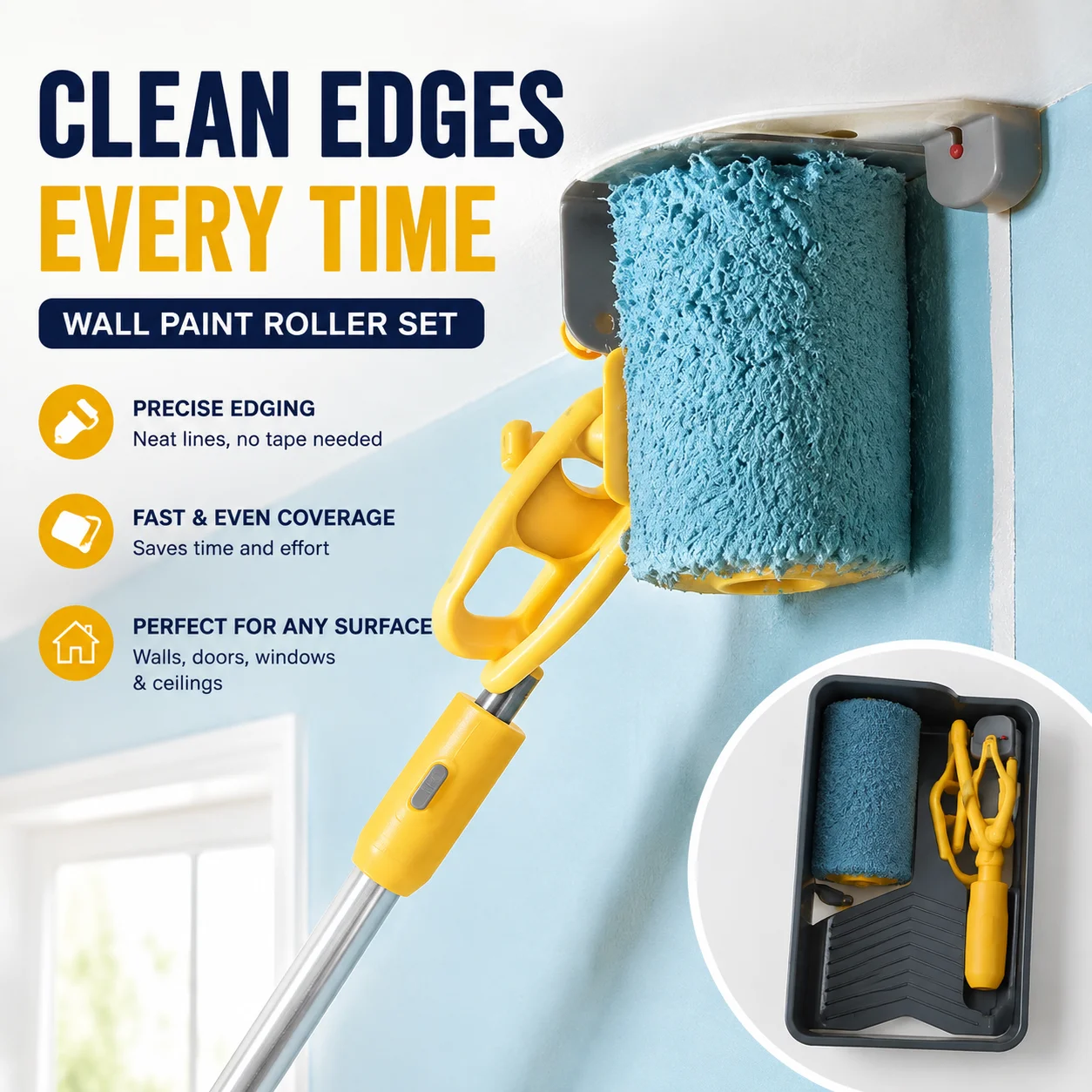 Wall Paint Roller Set with Tray, ABS Painting Tools for Walls Doors Windows Ceilings, Clean-Cut Edger Brush Kit