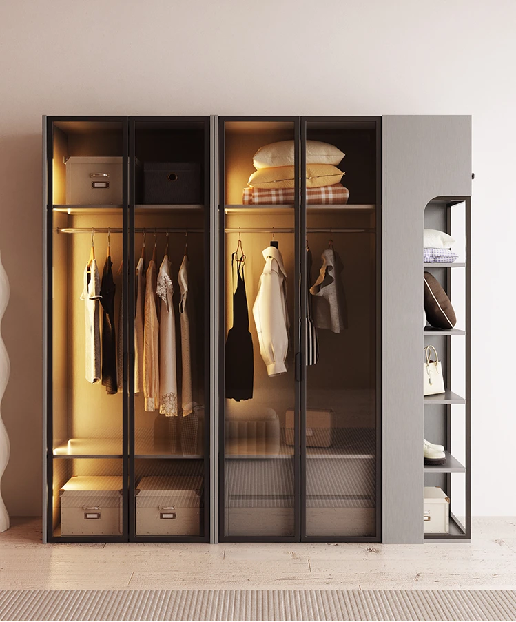 Light Luxury Solid Wood Sliding Door Wardrobe Small Unit One Door to Top Large Capacity Storage Cabinet Wardrobe