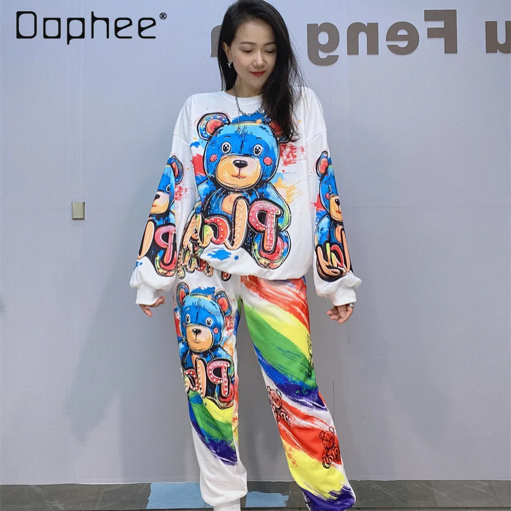 

Женская толстовка с круглым вырезом и длинными рукавами и спортивные штаны, комплект из двух предметов на весну и осень с мультяшным принтом со стразами