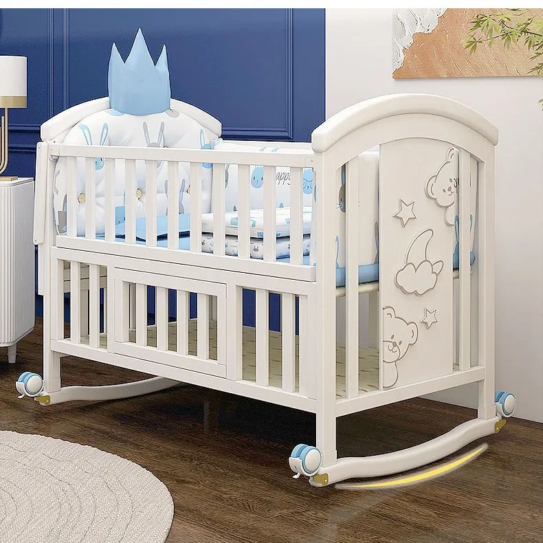 Wooden Baby Cot with Swing and Storage Multifunctional Convertible Adjustable Height Safe Toddler Bed CE Certified Infant Sleep