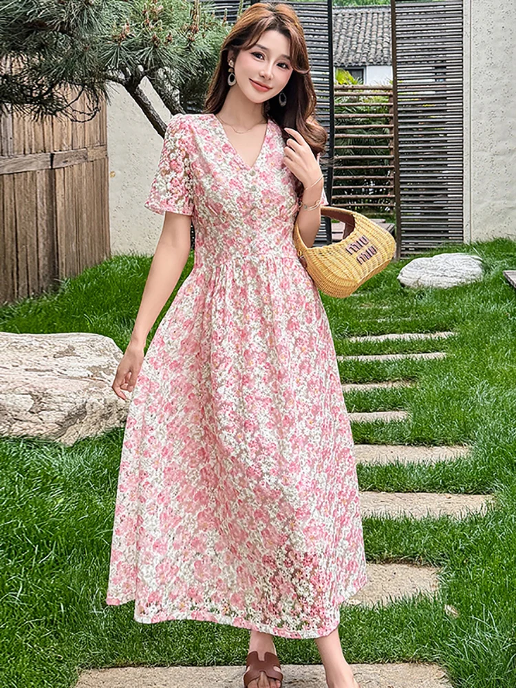

Women Pink Lace Jacquard Short Sleeve V-Neck Dress 2026 Korean Elegant Casual Holiday Dress Summer Fashion Bodycon Festival Robe