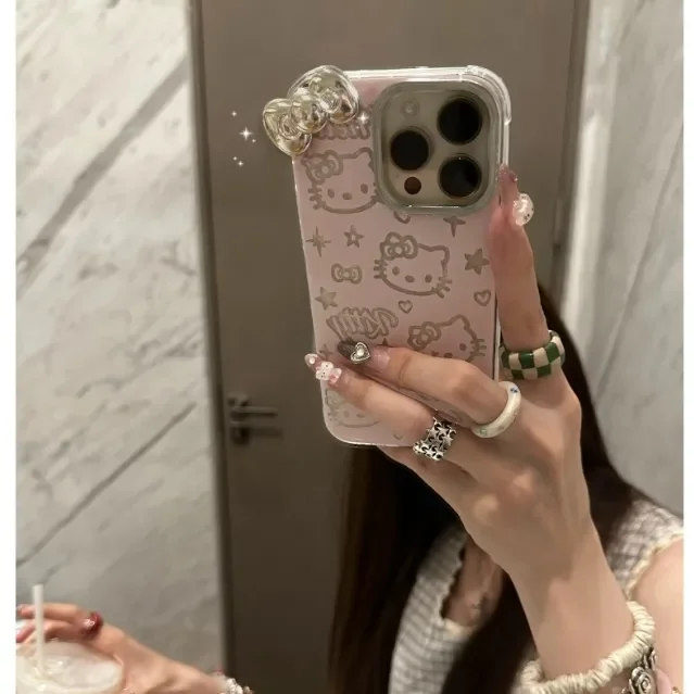 Full Screen Hello Kitty Star Face Bow Strap Phone Case For iPhone 16 15 14 12 13 11 Pro Max XR XS MAX 7 8 PLUS MINI Y2K Cover - náhled 3