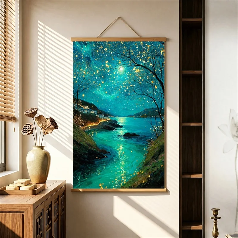 Wall Art Romantic Blooming Night Garden, Expressive Floral Pearlescent Canvas Hanging Scroll Decor for Boutique Guesthouse