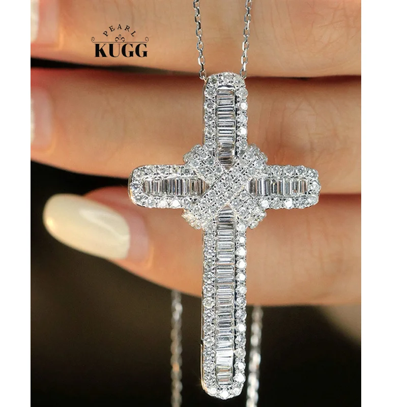 

KUGG 100% 18K White Gold Necklace Luxury Cross Pendant 2.0carat Real Natural Diamond Necklace for Women High Party Jewelry