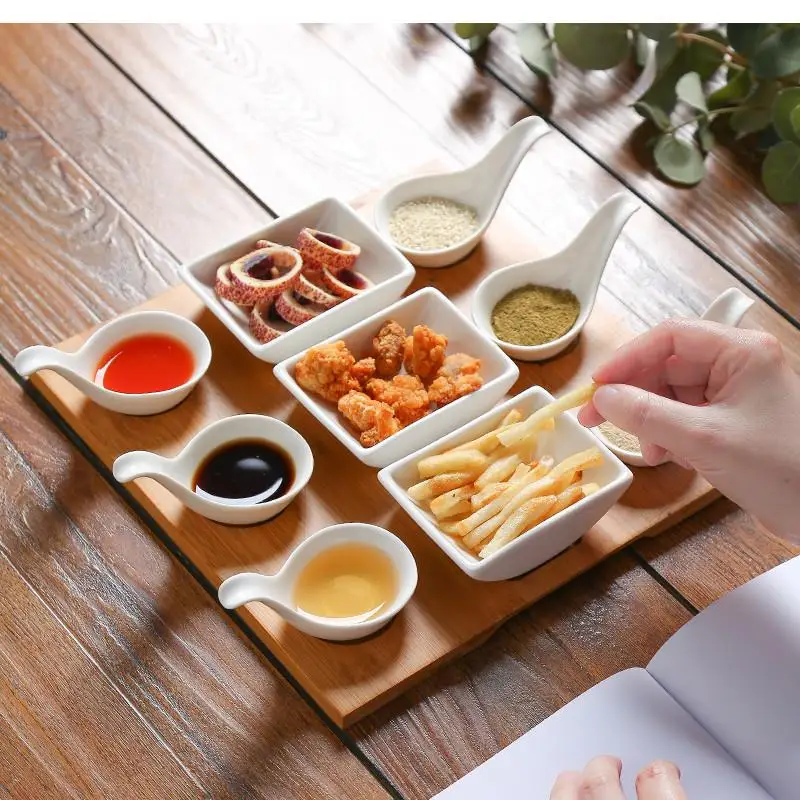 

Snack Plate Special Restaurant Divided Grid Ceramic Dish Japanese Cuisine Sauce Dipping Bamboo Wooden Tray