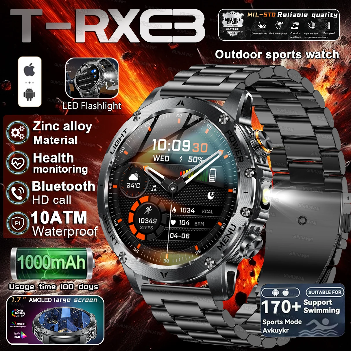 2025 جديد T-Rex 3 الصف العسكري 1000mAh بطارية ساعة ذكية IP68 مقاوم للماء BT بلوتوث دعوة AMOLED HD الرجال الرياضة Smartwatch #1