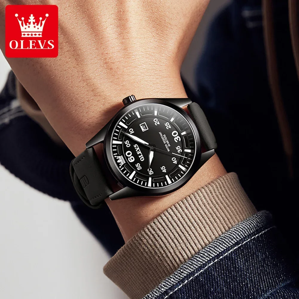 OLEVS Top Brand Men\'s Watches Fashion Leather Strap Casual Sport Clock Male Quartz Wrist Watch Waterproof Calendar Watch for Men