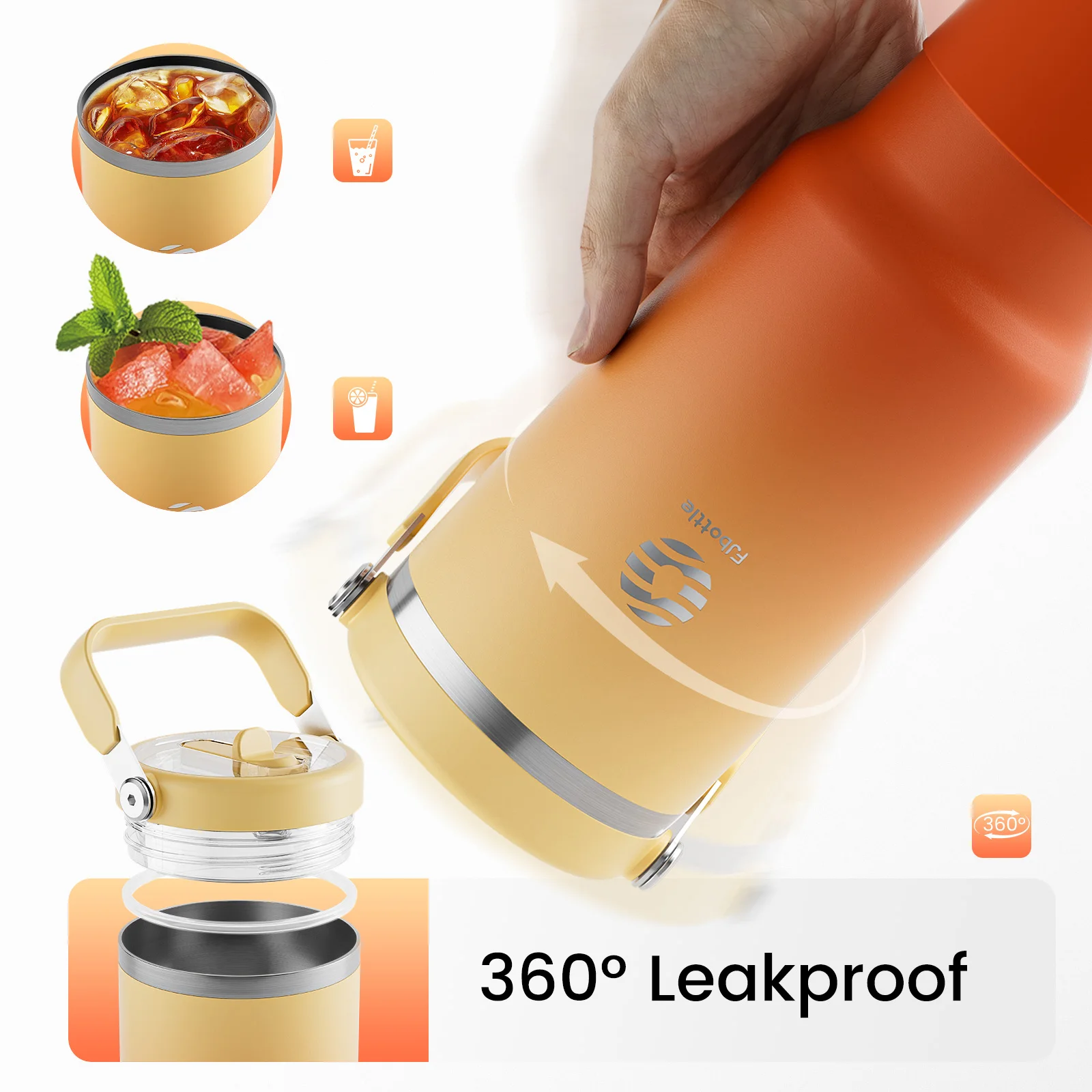 Fjbottle Vacuum Tumbler with Straw Lid，1200ml Stainless Steel Coffee Cup with Handle，Travel Mug Vacuum Flask Car Water Bottle
