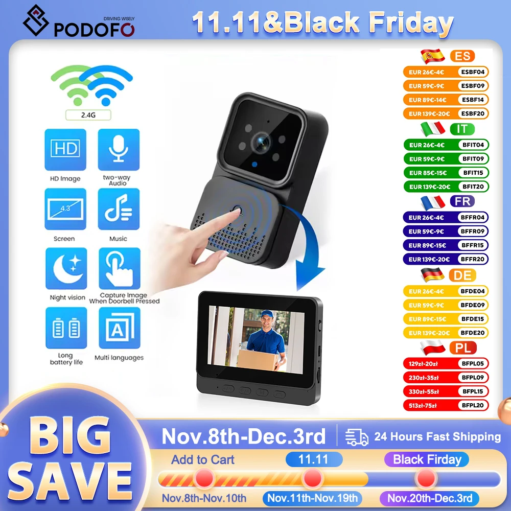 Podofo 4.3 ''جرس الباب ثقب الباب للرؤية الليلية 2-Way فيديو 640*480 شاشة IPS اللاسلكية كاميرا مراقبة الباب دعم 4G الاتصال الداخلي
