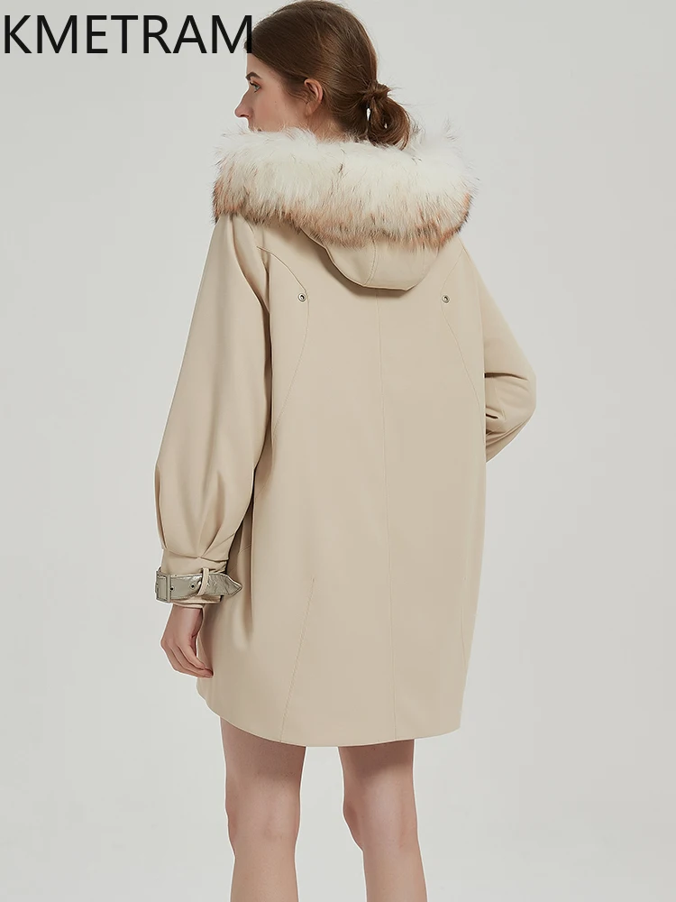 KMETRAM Rex forro de piel de conejo abrigo de piel de perro mapache cuello de piel Parkas chaqueta 2025 longitud media invierno con capucha ropa de mujer шуба