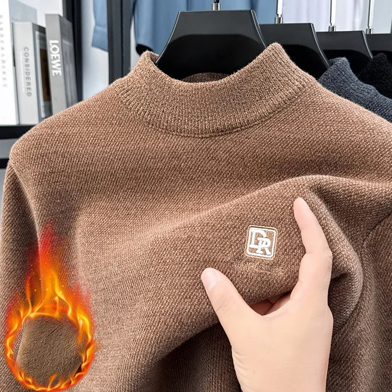 

Высококачественные брендовые мужские бархатные утолщенные толстовки с высоким воротником, свитера, зимние новые теплые трикотажные изделия с вышивкой, мужская одежда для поездок на работу, топ