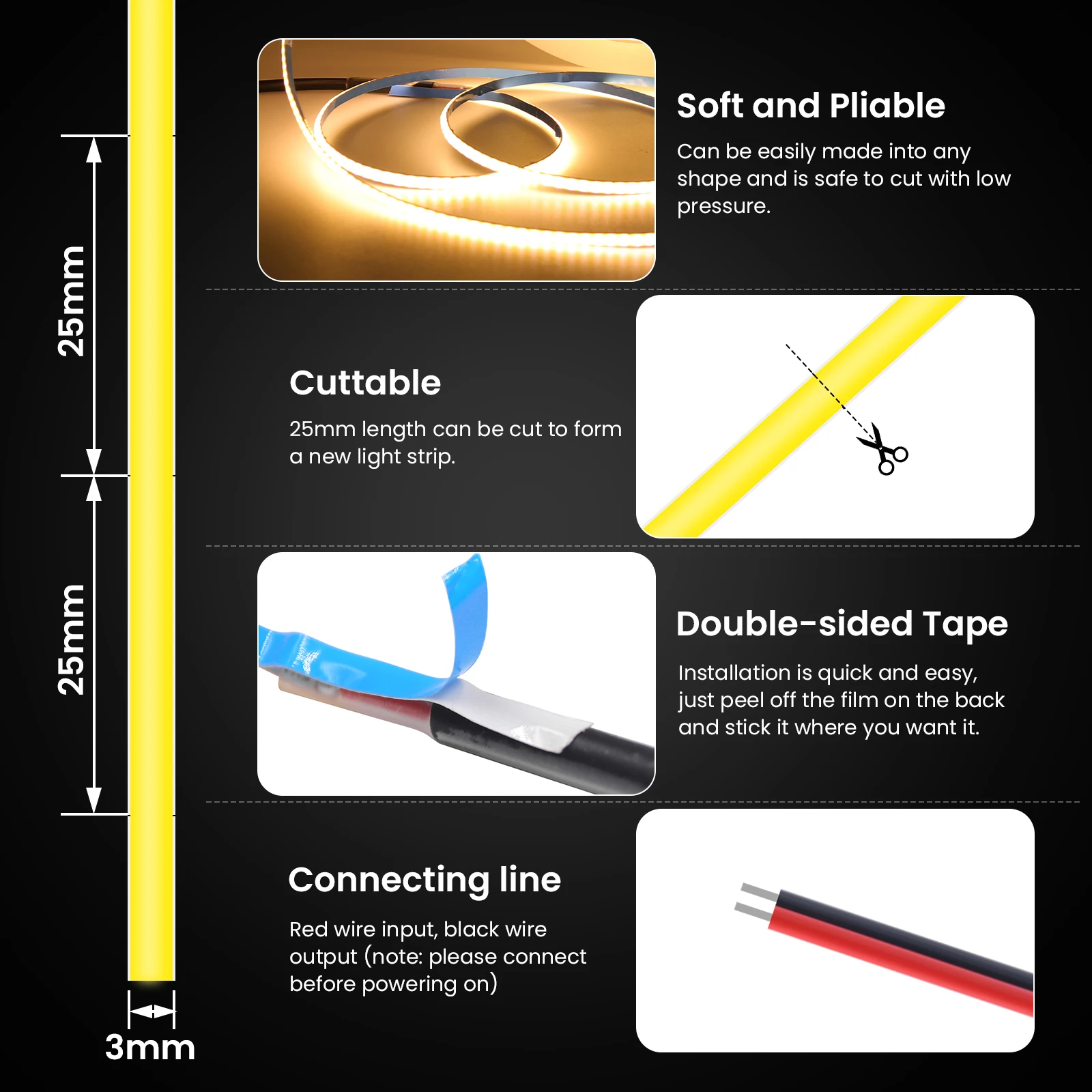 COB LED Strip Light, alta densidade, fita flexível, fita FOB, Natural Branco, Vermelho, Verde, Azul, 3mm, 5mm, 8mm de largura, 5V, 320LEDs/m