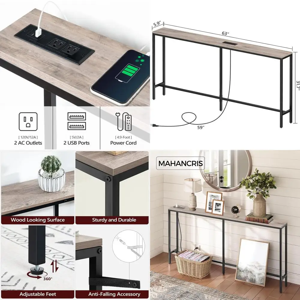

63 Slim Console Table with Built-in Power Outlets, Sofa Side Table for Charging and Plants, Living Room Narrow Hallway Furniture
