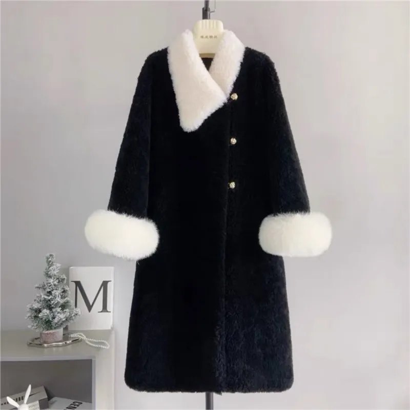 Women's Faux Fur Coat with Hood Oversized Plush Lined Winter Color Block Long Jacket Coats for Cold Weather