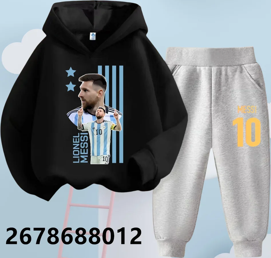 Conjunto con capucha Messi para primavera y otoño, chándales informales para niños de 3 a 13 años, sudadera y pantalones, Kits de ropa para niños