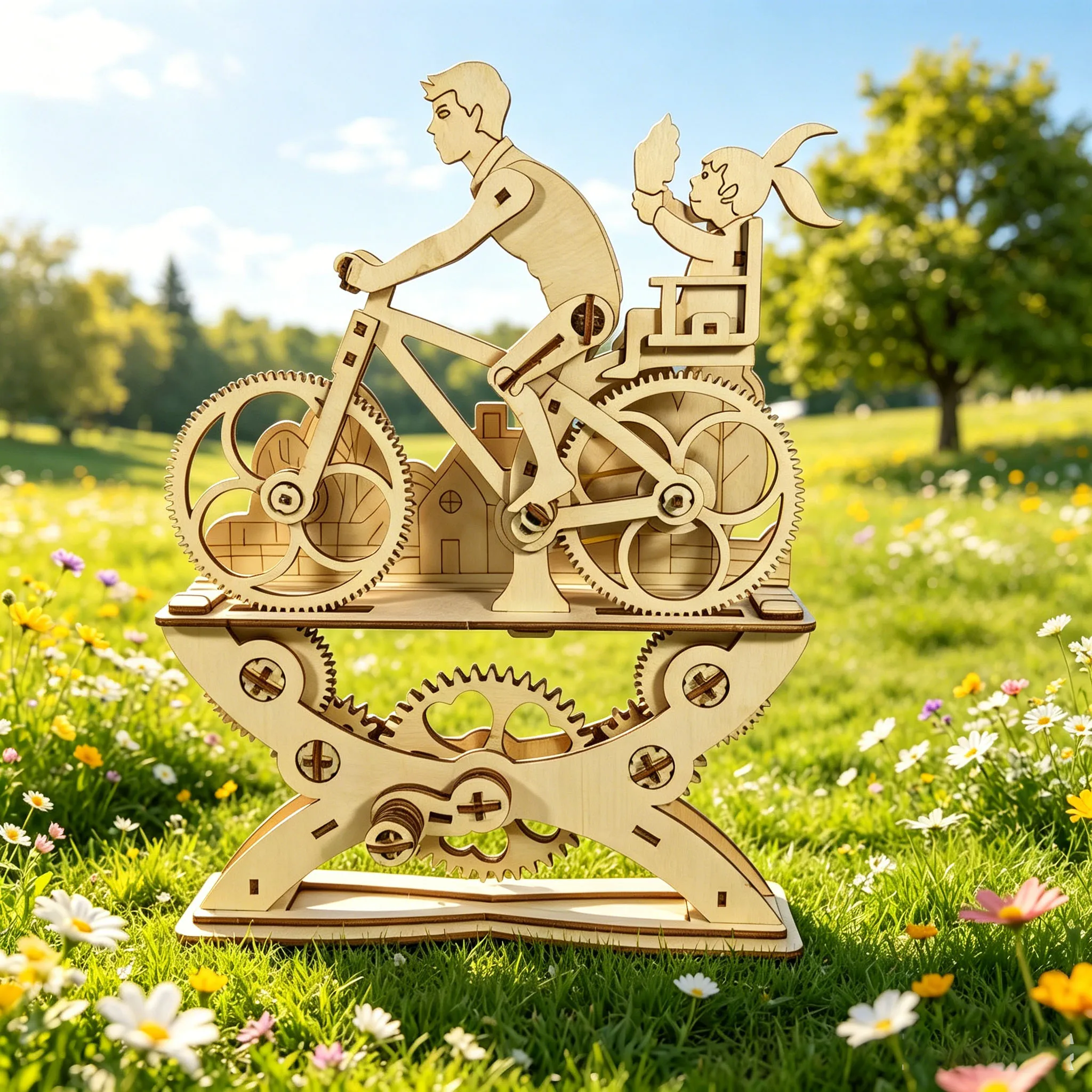 DIY 3D Wooden Model Kit: Mechanical-Drive Ornaments Featuring a Father and Daughter on Bicycles