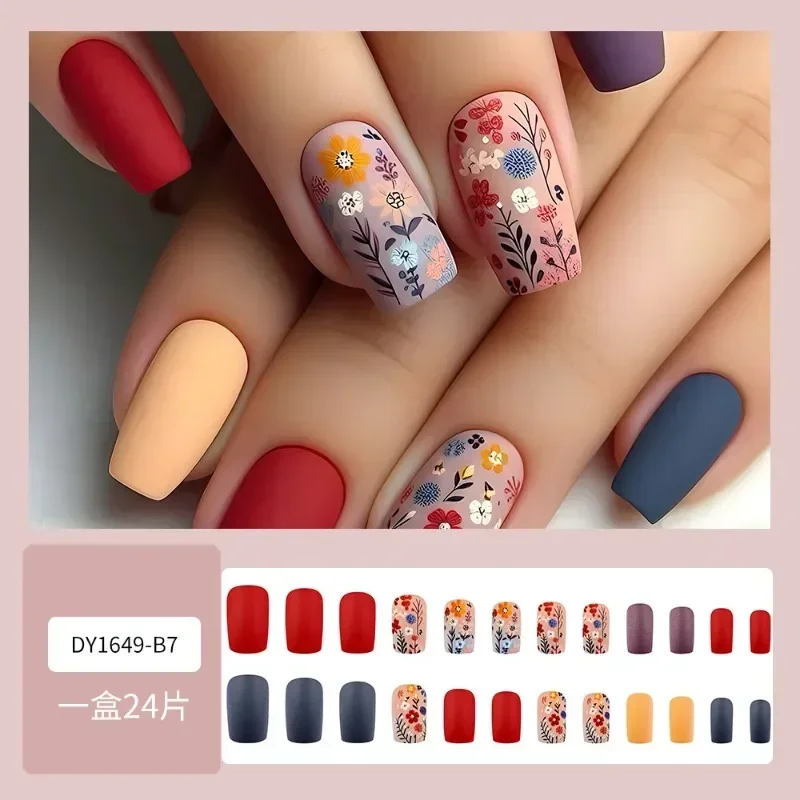 

24pcs Vibrant Medium Length Trapezoid Matte Press on Nails Retro with Floral&Leaf Patterns Perfect for Women&Girls Spring Wear