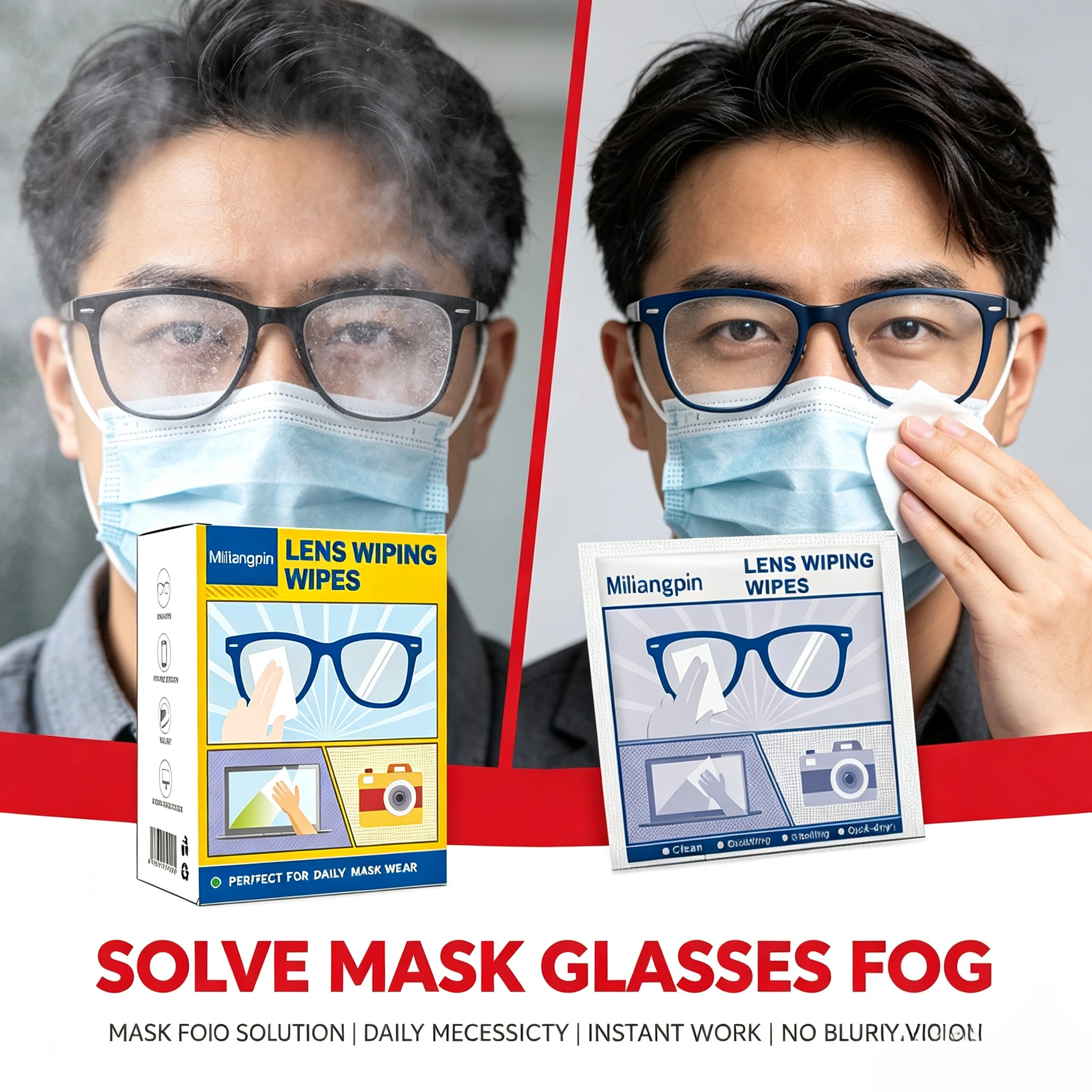 Portable Anti-fog and Anti-dust Cleaning Wipes for Glasses; a Single Sheet Provides Long-lasting Water-spot-free Lenses.