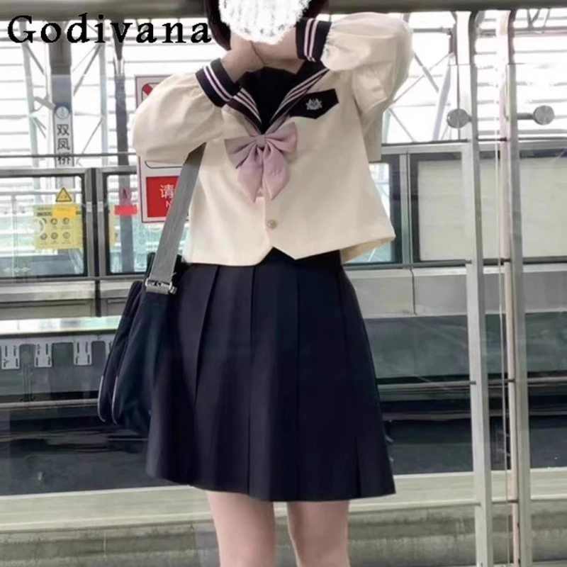

Summer Temperament Short Sleeve Jk Sailor Uniform Set Girls College Sweet Bow Top High Waist Age-reducing Japanese Pleated Skirt