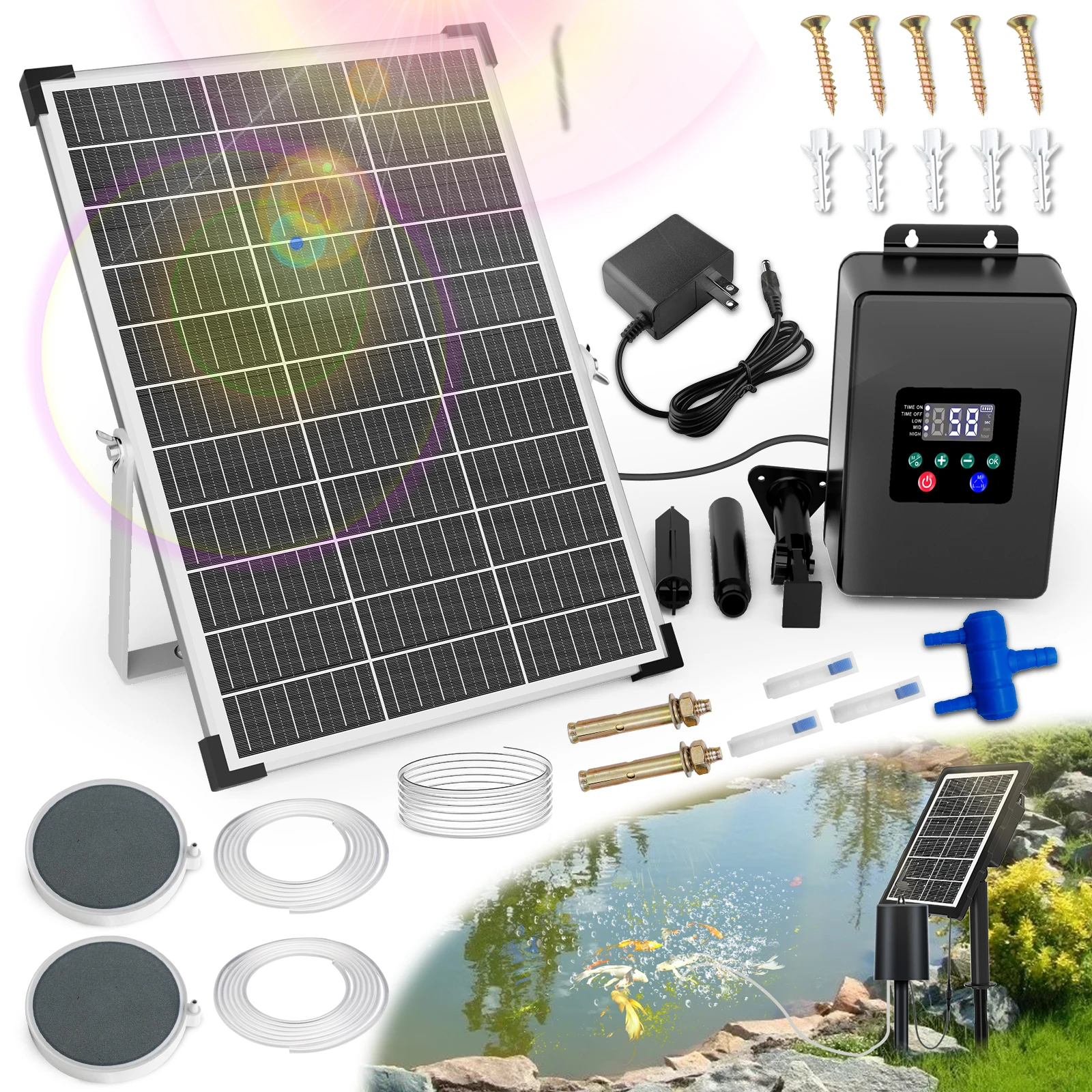 30W Solar Aerator Air Pump Battery with Air Hoses and Bubble Stones Fish Tank Pond Bubble Oxygenator