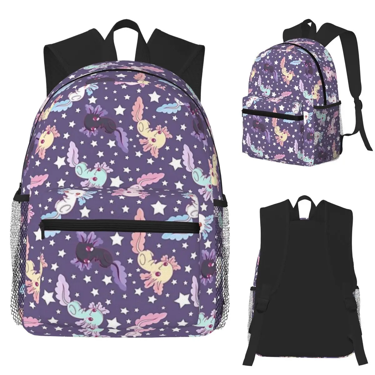 Ransel Pelajar Ungu Pola Axolotl Kawaii Tas Sekolah Daypack Travel Hiking untuk Tas Bahu Tas Buku Fashion Anak Laki-laki Perempuan
