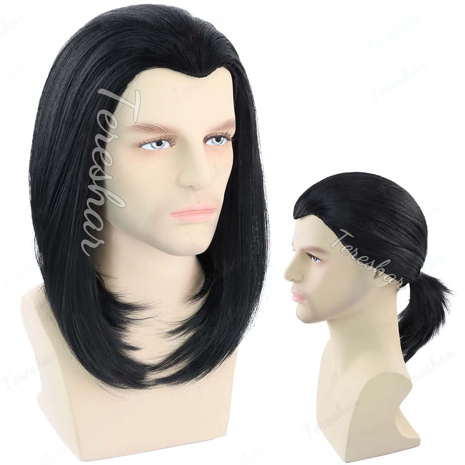 Synthetic Mens Black Wig Short Straight Pigtail Wigs for Assassin Keanu Vincent Vega Farquaad Vampire Cosplay Halloween Party