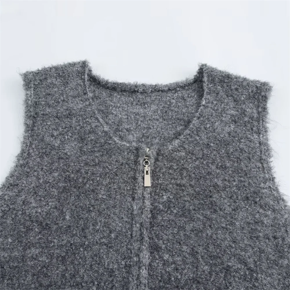 Women's Round Neck Double Zipper Sleeveless Knitted Sweater Spring New Solid Color Temperament Loose Vest