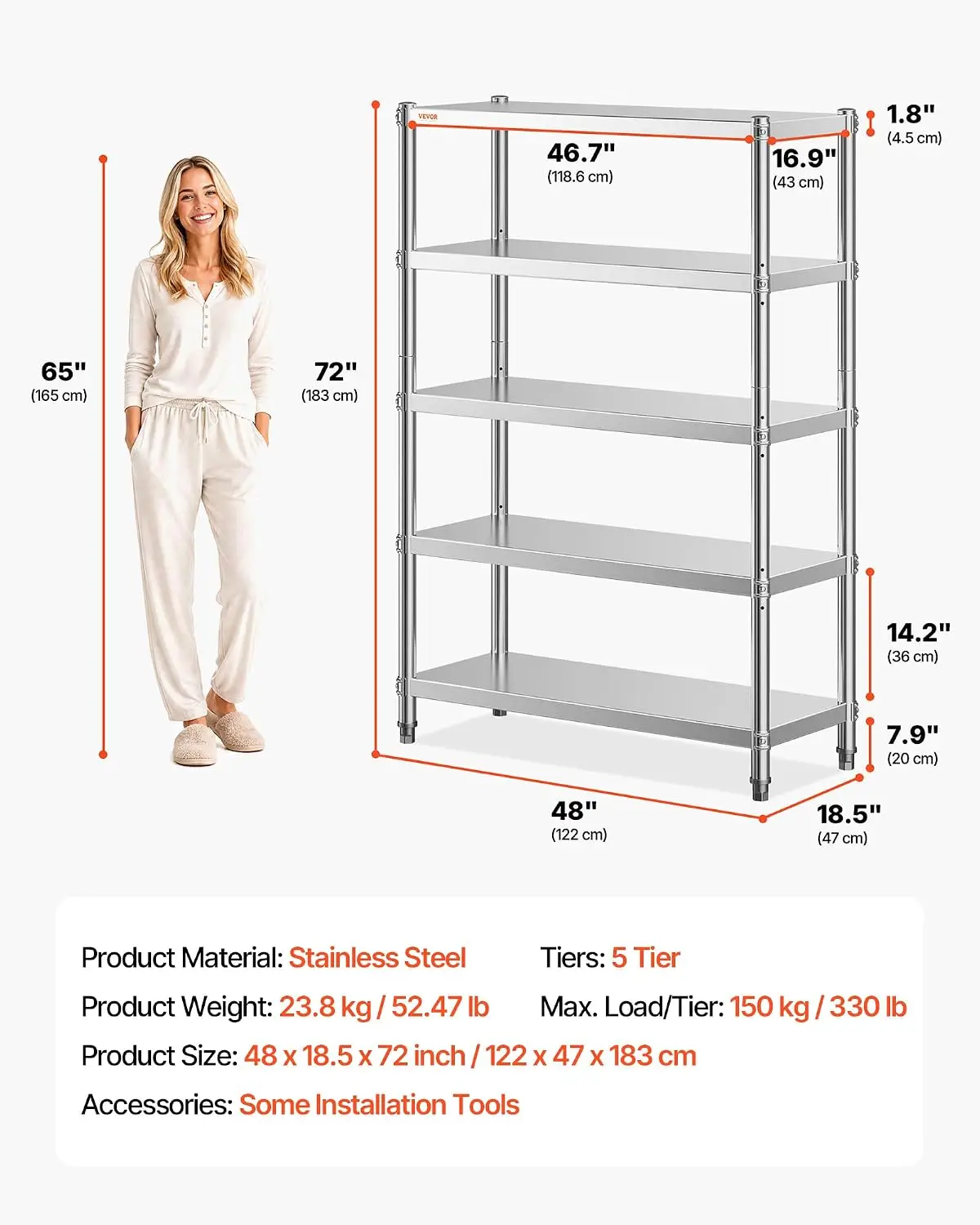 Stainless Steel Shelving 48x18.5 Inch 5 Tier Adjustable Shelf Storage Unit Heavy Duty Kitchen Commercial Office Garage 330lb Per