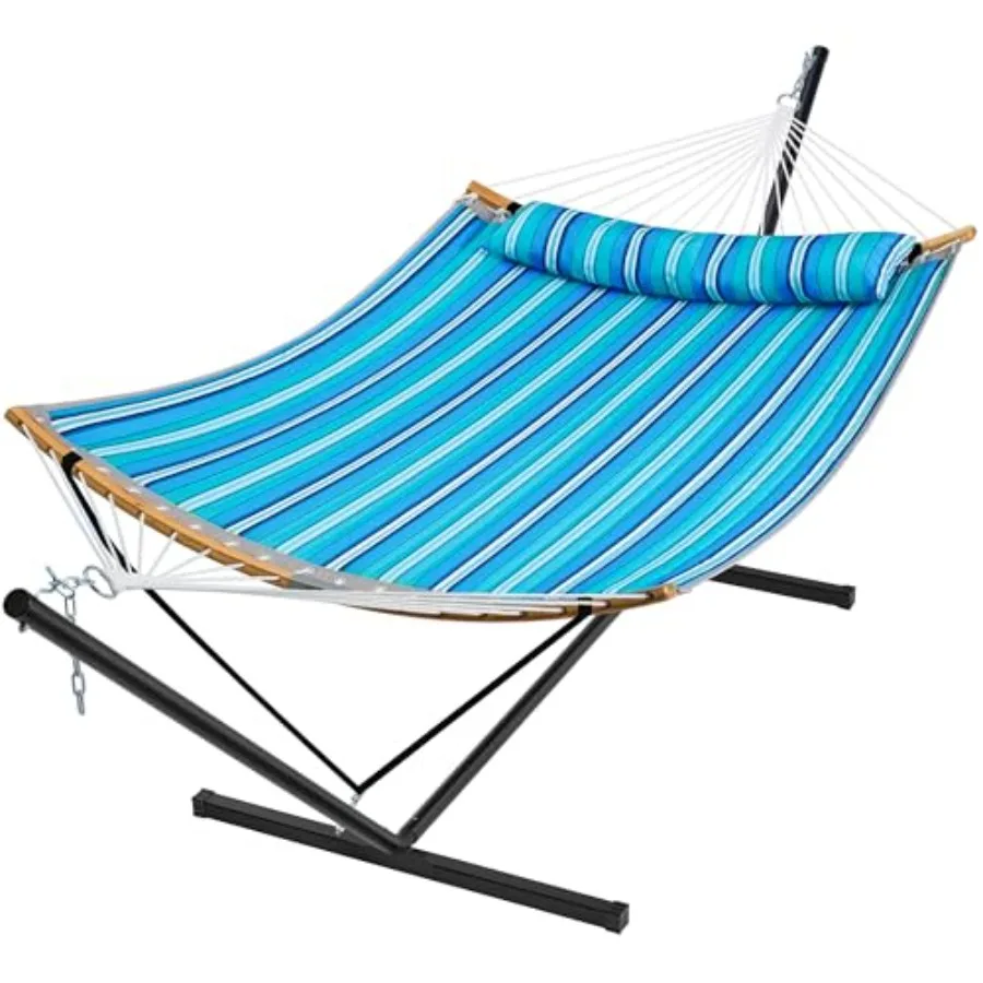 

Двухместный прочный гамак с мягкой хлопковой съемной подушкой, прочной изогнутой стойкой, портативной сумкой для переноски, цвет аква-синий, идеальный вариант