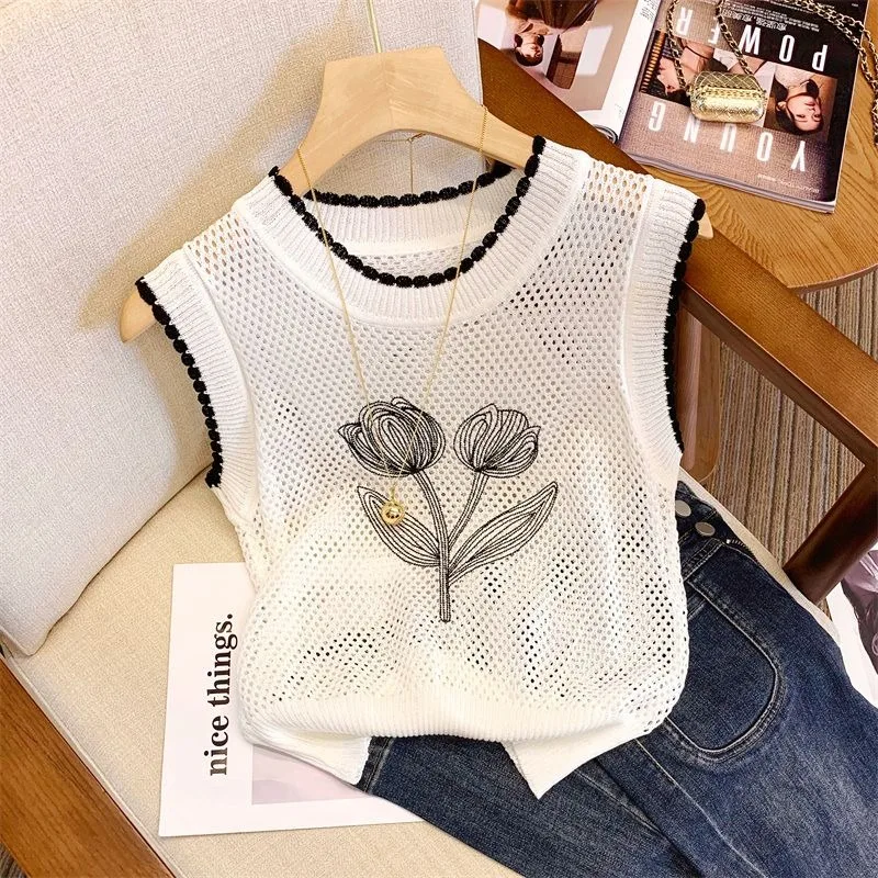 Summer Knitting Hollow Tank Tops Women Camisole Korean Fashion Flowers Luxury Designer Sleeveless Top Slim Fit Women Clothes