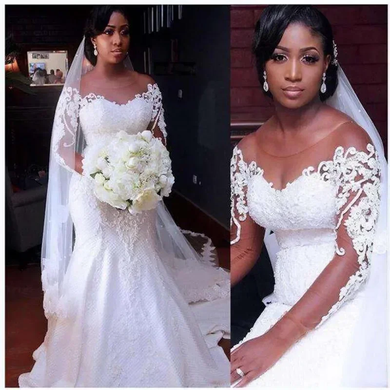 Personalizado colher pescoço rendas apliques vestido de casamento capela trem vestido de casamento sereia africano plus size vestido de noiva